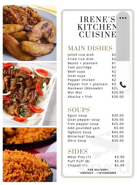 Irene's kitchen menu - Irene's Kitchen. 146 likes. At Irene's Kitchen you can expect authentic Guyanese and American cuisine. Check out our menu and place your order now!